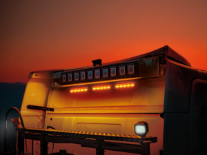 Strands 12 inch LED bar with LED work lights mounted on a rear wall of a Scania Next Gen truck - EAN: 7350133815761